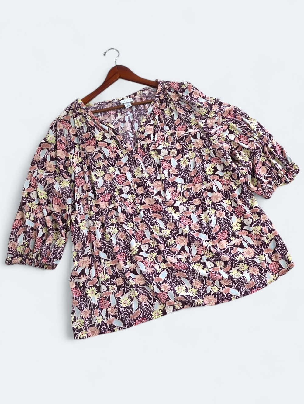 AVA & VIV Burgundy Floral Boho Blouse Plus Size 1X